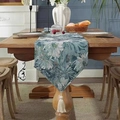 Camino de mesa jacquard azul verdoso con flores blancas y borlas decorativas - 33cm*160cm / Azul