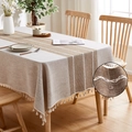 Waterproof rectangular linen tablecloth with brown stripes and decorative white tassels - 140*220cm / Khaki Tri-Stripe