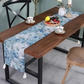 Blue floral jacquard table runner with white tassels on a wooden dining table - 140*260cm / Blue Floral Table Runner with Tassels