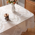 White lace tablecloth with floral embroidery and elegant fringe tassels on wooden table - 100cmx140cm / White Single Sided Floral