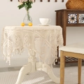 Beige Boho-Spitzentischdecke mit Häkelblumenmustern und Fransen für runde Tische - 120*120cm / Beige