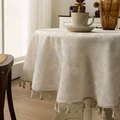 Mantel redondo de ganchillo crema con flecos y textura de sarga tejida - 140*220cm / Estilo con Borlas de Textura Cruzada (Blanco Roto)