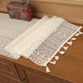 Vintage crochet table runner with cream lace hollow design and tassel fringe decor - 35*360cm / Beige