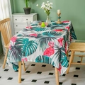 Tovaglia nordica in cotone e lino con fenicotteri rosa e foglie tropicali verdi - Stile Motivo Fenicottero / 135*135 / Foglie della Foresta Tropicale