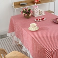 Linen table cloth with red gingham pattern and wide white floral lace trim decoration - Red