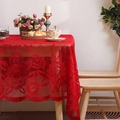 Elegant red lace rectangular tablecloth with floral patterns and scalloped edges for dining - 150x150cm / Burgundy