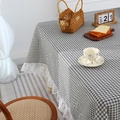 Linen table cloth with grey and white checkered pattern and wide lace trim - Gray