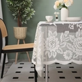 Elegant white lace tablecloth with floral patterns and wavy scalloped edges for home decor - Apricot Beige