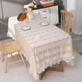 Beige hollowed checkered tablecloth with wide white lace border in a cozy home setting - 150*220CM / Beige Diamond