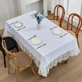 White linen tablecloth featuring diamond textures and elegant lace edges for dining tables - White Diamond Waterproof