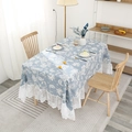 Pastel blue cotton linen tablecloth with white floral pattern and lace trim - Blue White Floral
