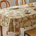 Linen table cloth with vintage floral bird print and elegant fringed edges for dining - Red Floral Bird Woven