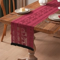 Elegant burgundy lace table runner with floral cutout patterns and black tassel fringe - 30*260 / Burgundy Morning Glory Fringe