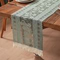 Vintage sage green lace table runner with floral embroidery and cream tassels - Morning Glory Fringe / 30*360cm / Green