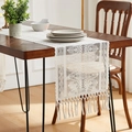 White vintage lace table runner with hollow crochet floral patterns and fringe tassels - 35*45cm / French Style 2 Long Tassel White