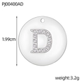 Detailed macro view of silver stainless steel D-letter pendant with crystals and dimensions - Silver Letter D Round Tag (PJ00400AD)
