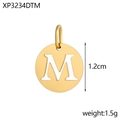 Macro detail of a 1.2cm gold-plated stainless steel round pendant with letter M - M