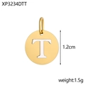 Macro view of a 1.2cm gold plated stainless steel pendant with a hollow letter T detail - Letter T