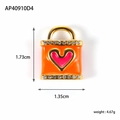 Orange enamel heart locket pendant with pink center and sparkling white zircons - Heart Bag Style (AP40910D4)