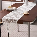 French country style white lace table runner with hollow crochet patterns and fringe tassels - 33x91cm / Beige (Octagonal Flower)
