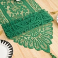Elegante camino de mesa de encaje verde oscuro con motivos florales y borlas finas - 33*91 / Verde Floral