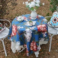 Blue retro floral tablecloth with large oil painting flowers for round dining tables - Enamel Blue Prosperity Peony