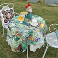 Round floral oil painting tablecloth with white ruffle lace edges for garden dining - Forest Green Retro Oil Painting
