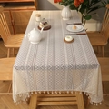 Bohemian cream lace tablecloth with geometric hollow patterns and handmade tassels - Beige Wave
