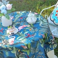 Round tablecloth with navy tropical rainforest pattern and flamingo foliage prints - Sapphire Blue Flamingo