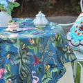 Tropical round tablecloth featuring flamingos and toucans on a navy blue background - Sapphire Blue Flamingo