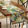 Vintage oil painting style floral table runner with tassels on dark wood dining table - 33*305 / Impressionist Green