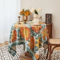 Rond dik katoenen linnen tafelkleed met oranje vintage bloemenpatroon en groene bladeren - 140*100 / Cyaan