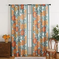 Modern minimalist floral curtains with dense orange flowers and dark green border - 130*160 / Daisy Print