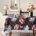 Elegante tovaglia rettangolare a fiori con stampa di peonia e bordo in pizzo vintage - 132cmx180cm / Peonia Nera