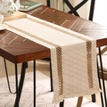 Beige cotton linen table runner with brown woven stripes and delicate tassels - Khaki Two Rope