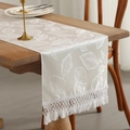 Elegant ivory satin table runner with leaf pattern jacquard and white tassels - Milky White / 35*120cm
