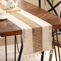 Chemin de table rayé en lin beige et kaki avec détails de pompons faits à la main - Khaki Une Corde