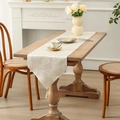 Elegant cream-colored table runner with 3D leaf jacquard pattern and tassel accents - Ivory / 35*120cm