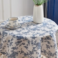 Mantel redondo de algodón y lino con motivos florales azules y bordes de flecos beige - 60*60cm / Estampado Floral Pequeño