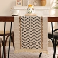 Ethnic cotton linen table runner with cream base, black diamond weave, and brown tassels - 30*220 / Grid Table Runner