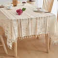 Detail of vintage cream lace tablecloth with intricate crochet patterns and fringe edges - 150*230cm / Boho