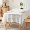 White hollow lace tablecloth with delicate leaf patterns for rectangular dining tables - White Leaf / 140*100