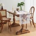 Vintage French style lace table runner with colorful floral rose embroidery for dining decor - 40x180cm / Wavy Edge Lace Style / White Rose Embroidery (White Base)