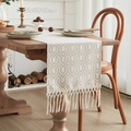 Woven table runner with black and white wave pattern and elegant fringed edges - Herringbone Long Tassel