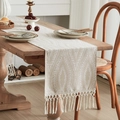 Beige woven table runner with white jacquard textures and elegant long tassels - European Flower Long Tassel