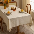 Detail of beige rectangular tablecloth with floral embroidery, stripes and elegant tassels - Beige Plum Blossom Tassel