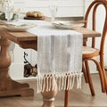 Modern grey woven table runner with diamond patterns and handmade tassel details - Triple Double-Eight Knot Long Tassel Gray