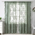Sage green French country lace sheer curtains with damask floral embroidery and ruffles - 140*260cm / Green