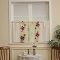 Detail of lace cafe curtain featuring ladybug and yellow flower prints for kitchen - Ladybug