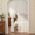 French country style white floral lace door curtain with ruffled edges and pearl ties - 140*260cm / White Mirror Flower